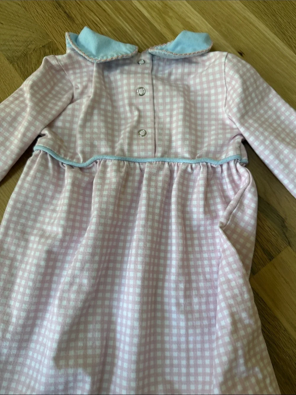 Pink Gingham Footed One-Piece with Light Blue Collar